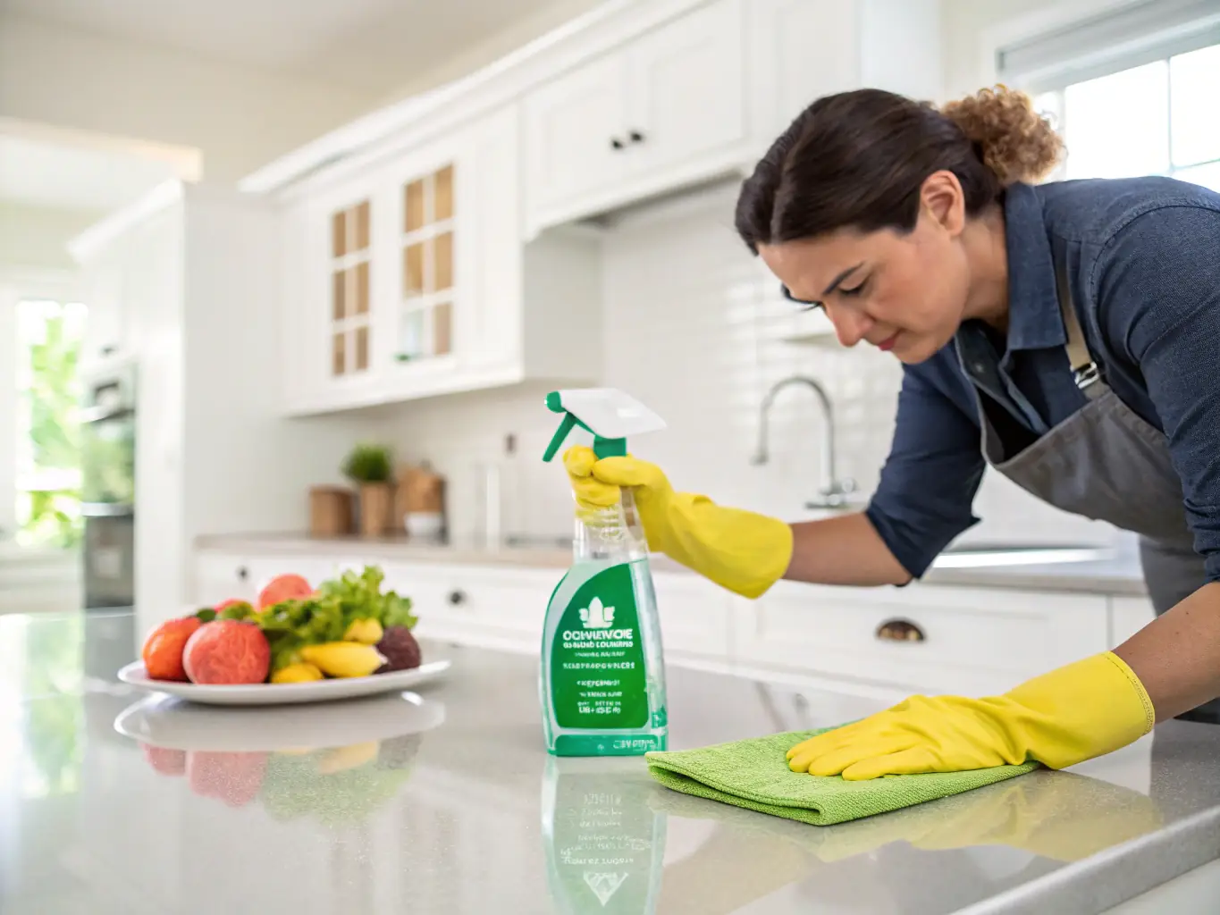 A close-up shot of a cleaning professional carefully wiping down a kitchen countertop with a microfiber cloth, showcasing attention to detail and cleanliness.