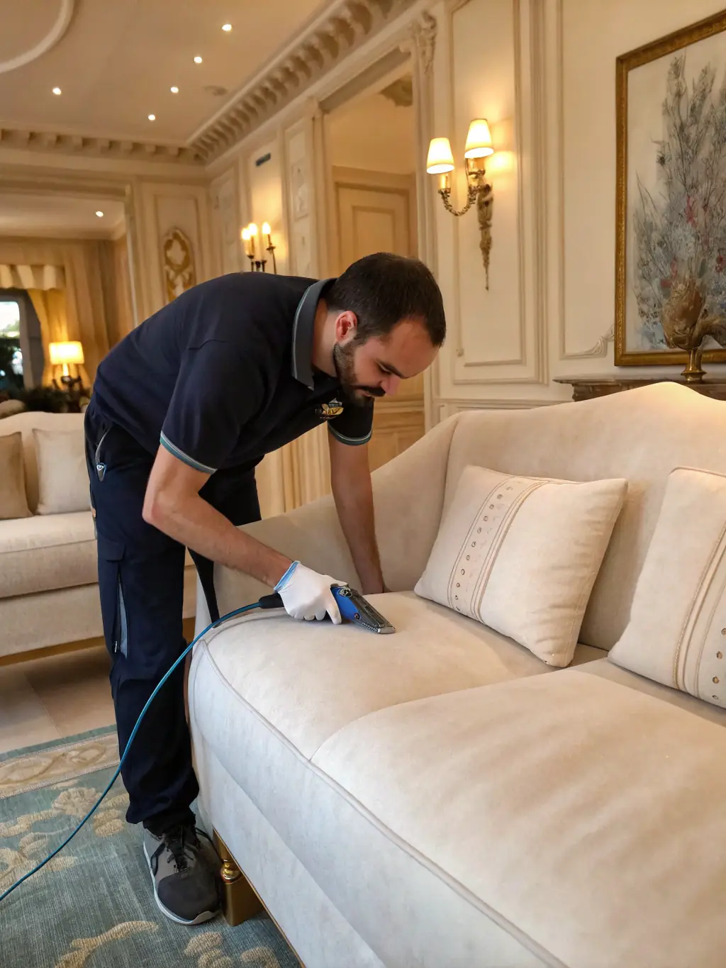A close-up of a clean sofa after professional cleaning, highlighting the removal of stains and allergens by Axora Clean.