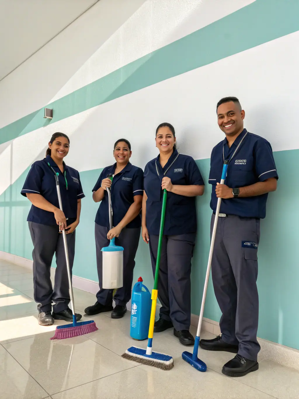 A photograph of a team of uniformed, trained cleaners from Axora Clean, smiling and ready to provide top-notch service.