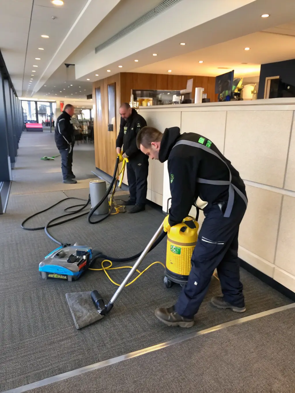 A high-quality image of professional cleaning equipment, such as a steam cleaner and eco-friendly cleaning solutions, used by Axora Clean.