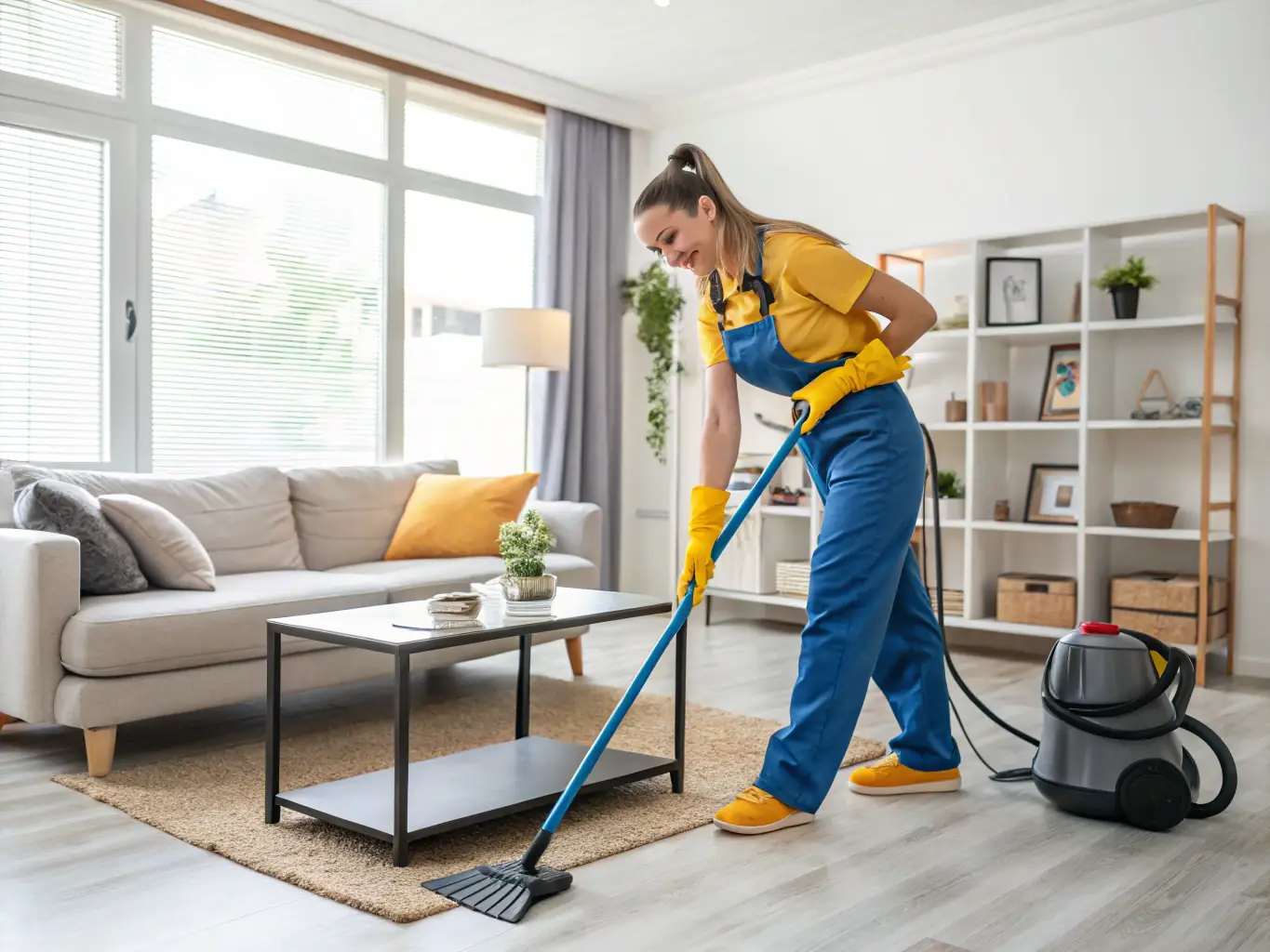 A friendly Axora Clean employee smiling and interacting positively with a client in a modern Antwerp apartment, emphasizing customer satisfaction.