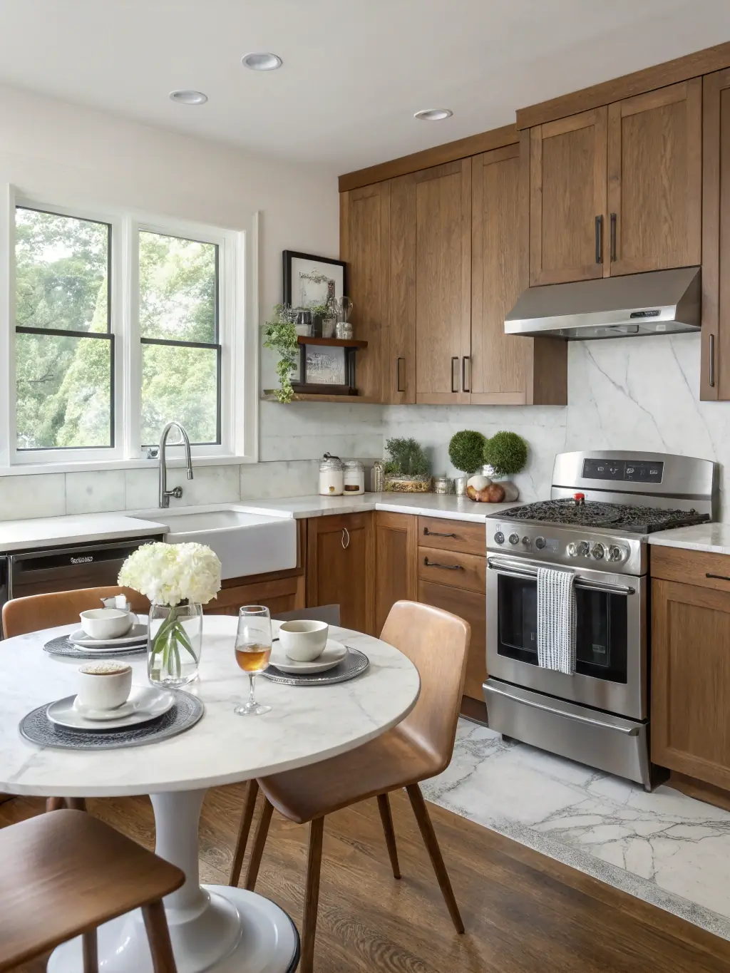 A brightly lit, spotless kitchen with gleaming countertops and stainless steel appliances, showcasing the results of a deep cleaning service by Axora Clean.