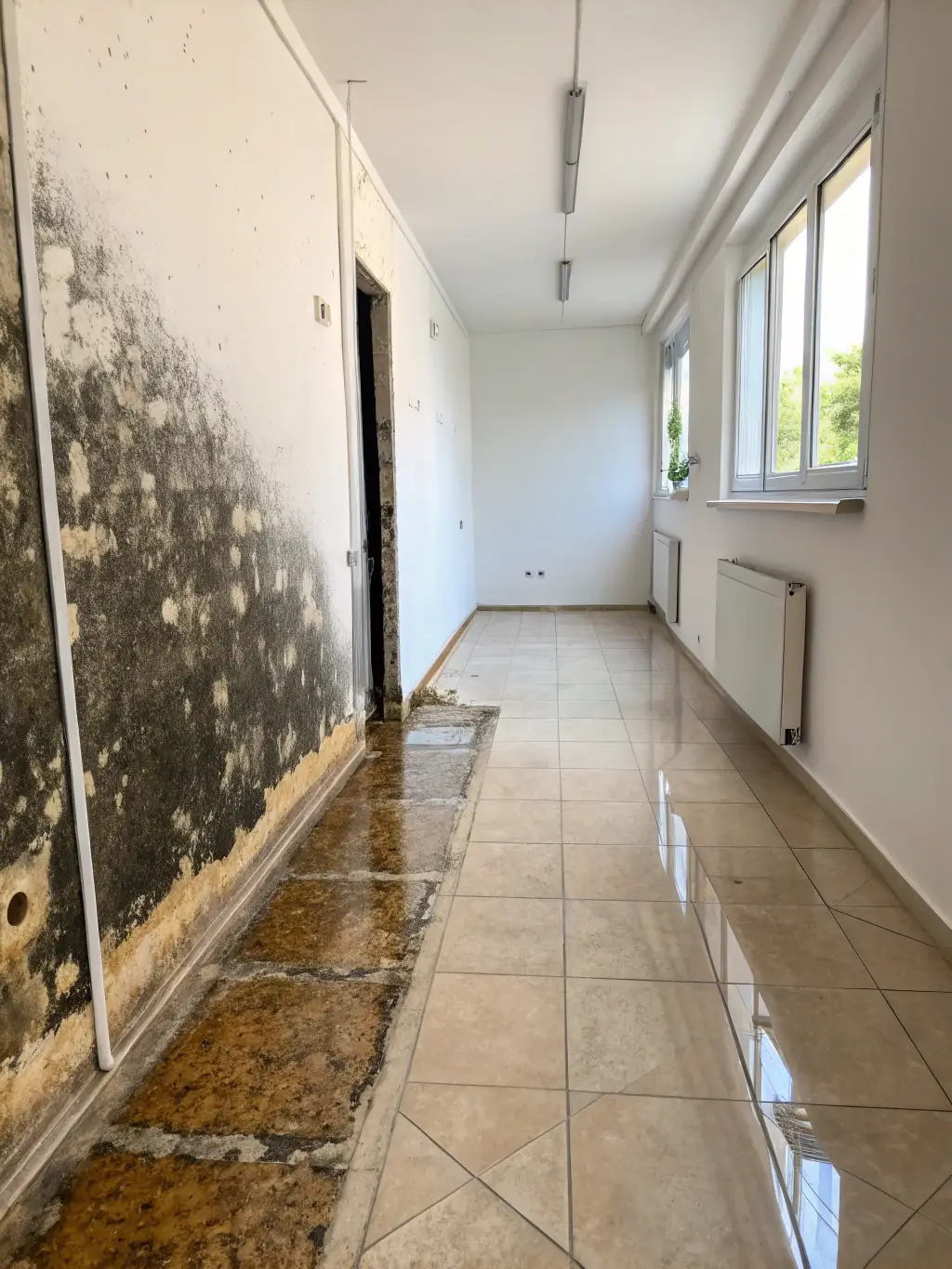 A before-and-after shot of a wall affected by mold, showing the effective mold removal service provided by Axora Clean.