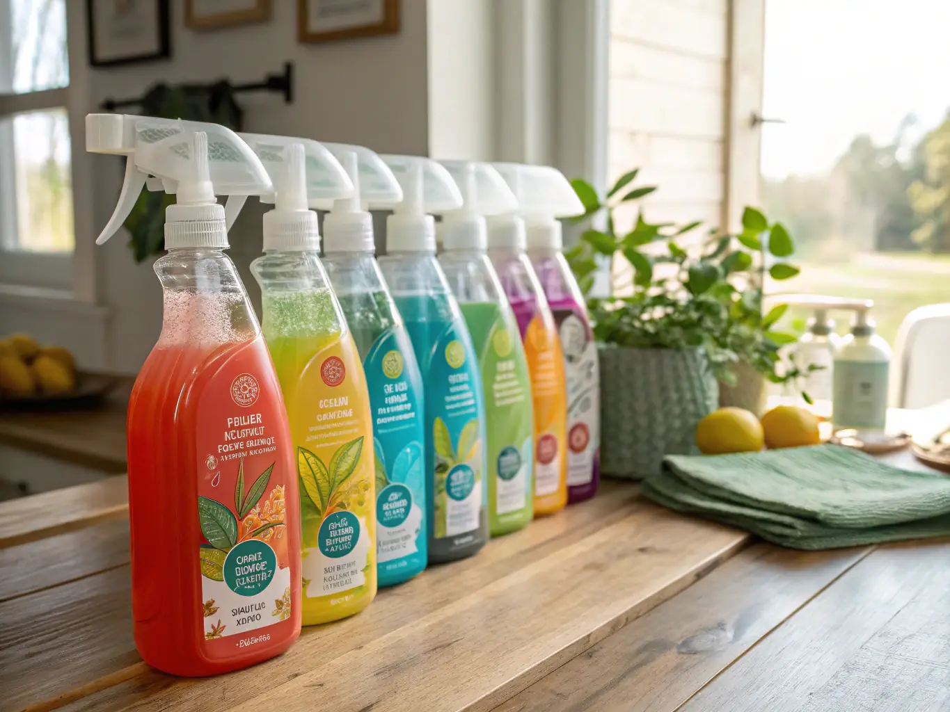 A set of eco-friendly cleaning products neatly arranged on a shelf, highlighting Axora Clean's commitment to sustainability and health.