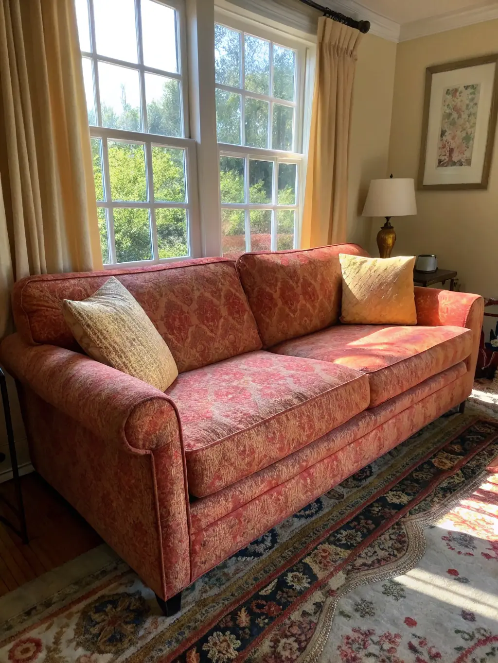A close-up of a clean sofa after professional cleaning, highlighting the removal of stains and allergens by Axora Clean.