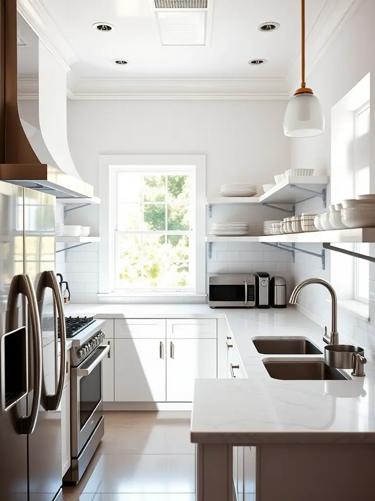 A brightly lit, spotless kitchen with gleaming countertops and stainless steel appliances, showcasing the results of a deep cleaning service by Axora Clean.